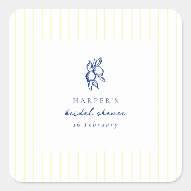 Simple Blue & Yellow Lemons Bridal Shower Favour Square Sticker (Front)
