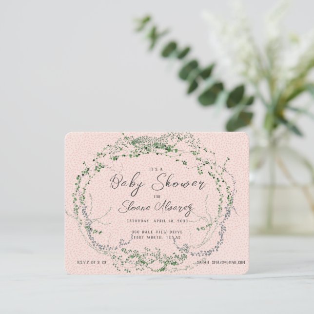 Simple Blush and Tiny Greenery QR Code Baby Shower Card (Standing Front)