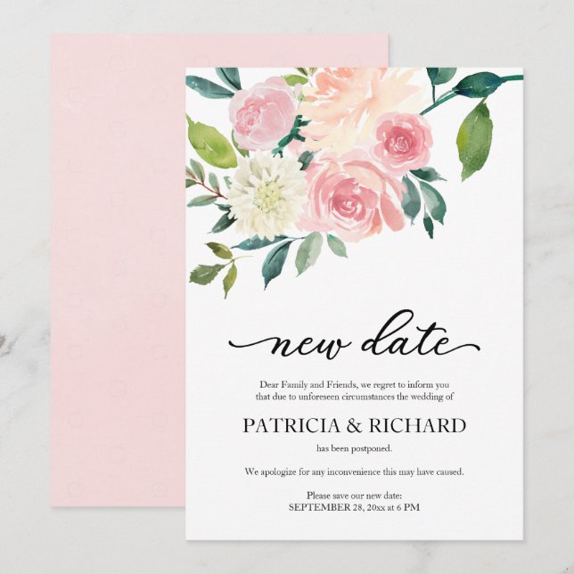Simple Blush Floral New Date Wedding Postponement Invitation (Front/Back)