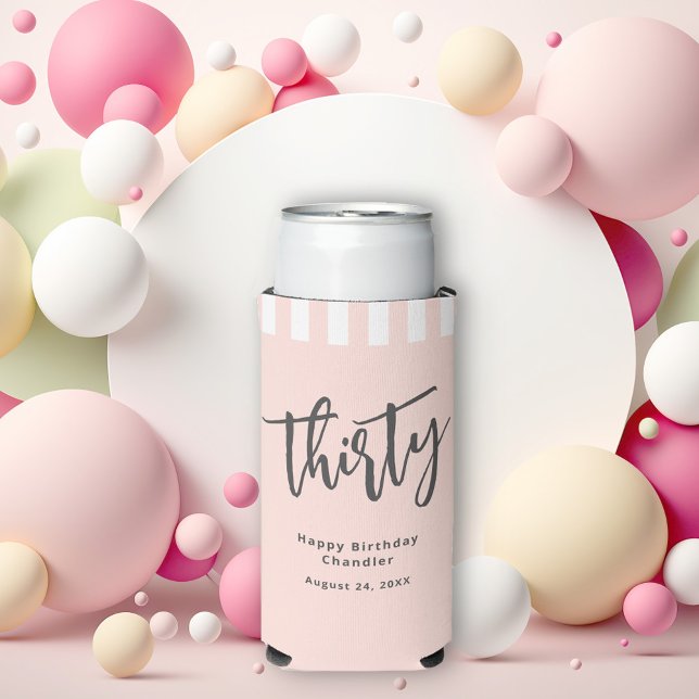 Simple Blush Pink 30th Birthday Party Seltzer Can Cooler (Celebrate turning 30 in style with this custom seltzer can cooler in blush pink and charcoal gray.)