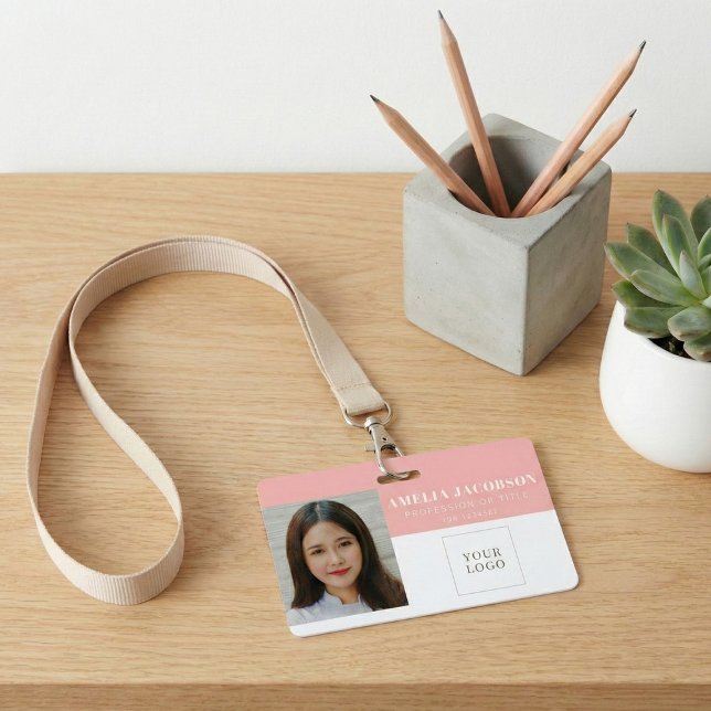 Simple Blush Pink Employee Photo ID Logo Barcode  Badge (Creator Uploaded)