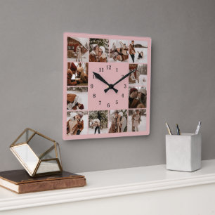 Simple Blush Pink Family 12 Photo Collage Keepsake Square Wall Clock