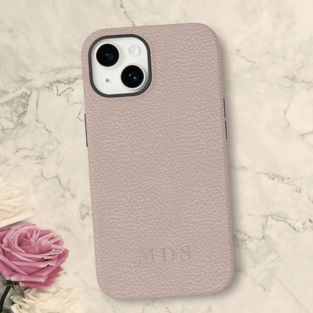 Simple Blush Pink Faux Leather Look Monogram Case-Mate iPhone Case (A pretty blush pink faux leather look phone case with space for your initials)
