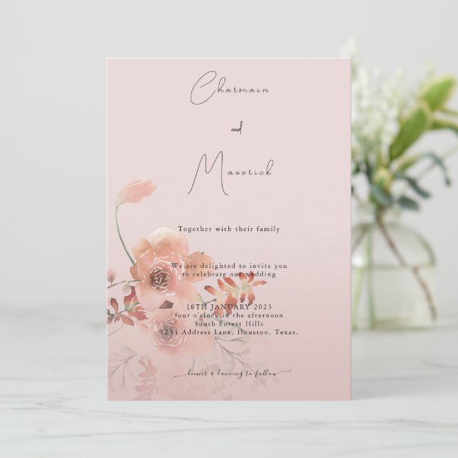 Simple Blush Pink Floral Water Colour Wedding  Invitation (Standing Front)