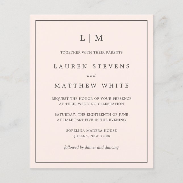 Simple Blush Pink Monogram Budget Wedding Invite (Front)