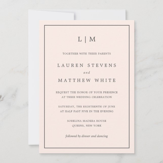 Simple Blush Pink Monogram Elegant Wedding Invitation (Front)