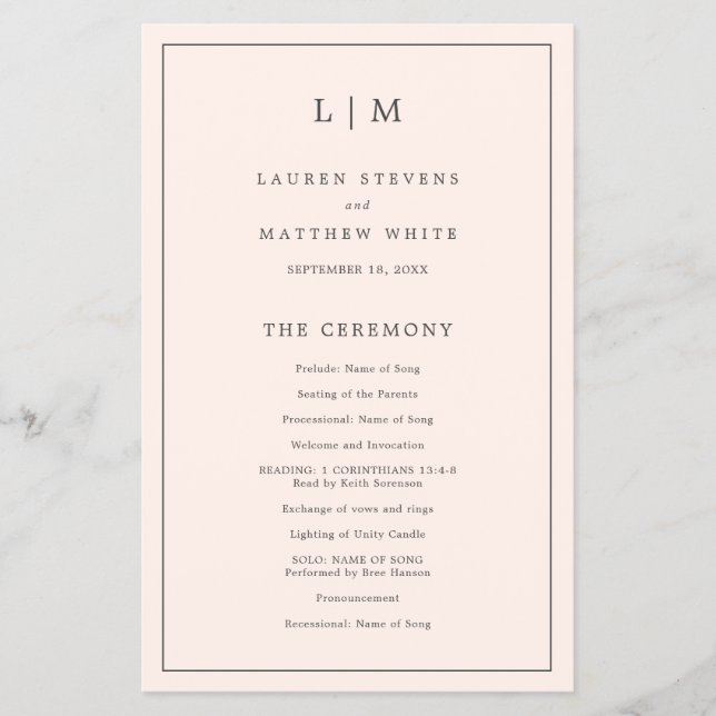 Simple Blush Pink Monogram Elegant Wedding Program (Front)