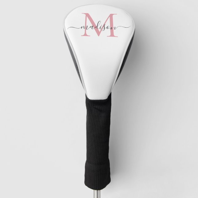 Simple Blush Pink Monogram Girly Grey Chic Script Golf Head Cover (Front)