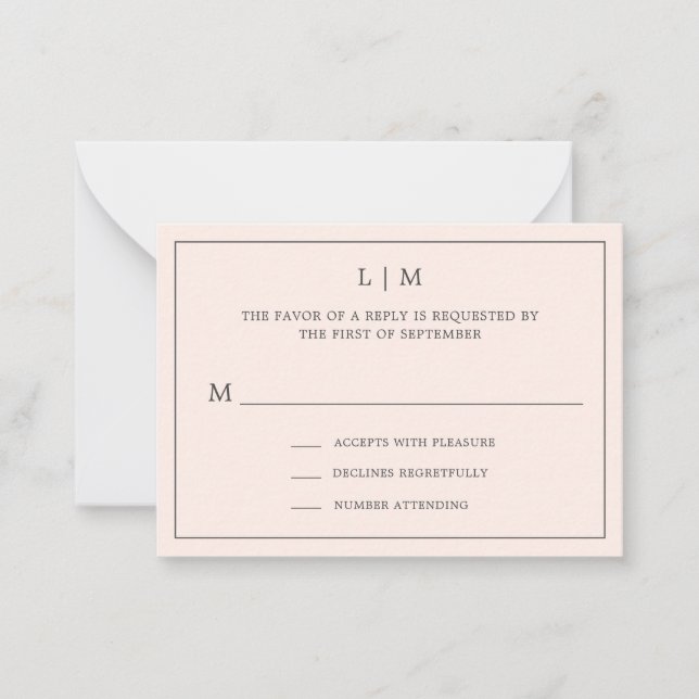 Simple Blush Pink Monogram Mini Wedding RSVP Card (Front)