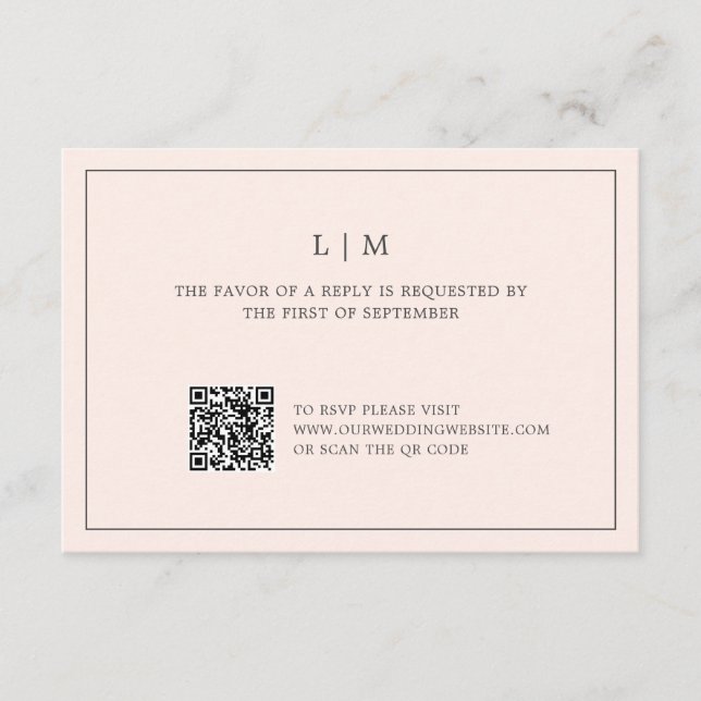 Simple Blush Pink Monogram QR Code Elegant Wedding RSVP Card (Front)