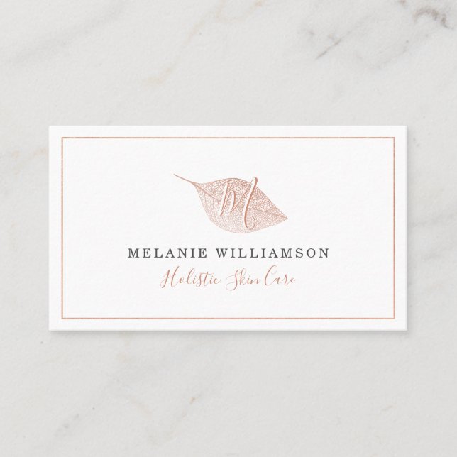 Simple Blush Pink Natural Pressed Leaf Monogram Business Card (Front)