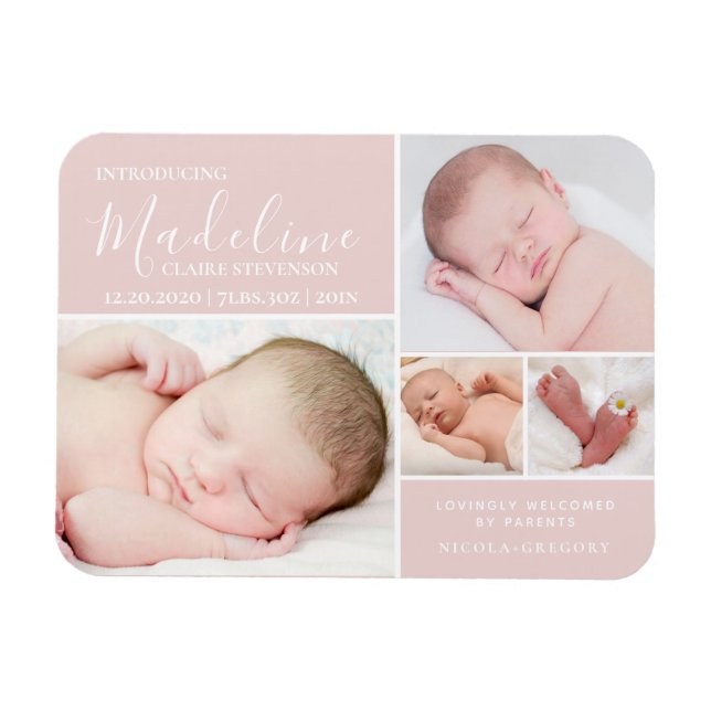 Simple Blush Pink Photo Collage Baby Girl Birth Magnet (Horizontal)
