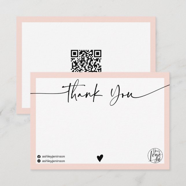 Simple blush pink thank you script logo qr code card (Front/Back)
