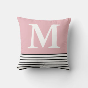 Simple Blush Pink With B/W Stripes Monogrammed  Throw Pillow