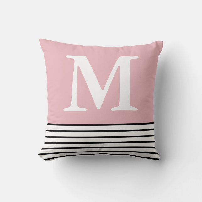 Simple Blush Pink With B/W Stripes Monogrammed  Throw Pillow (Front)