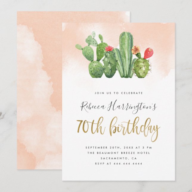 Simple Blush Watercolor & Cactus 70th Birthday Invitation (Front/Back)