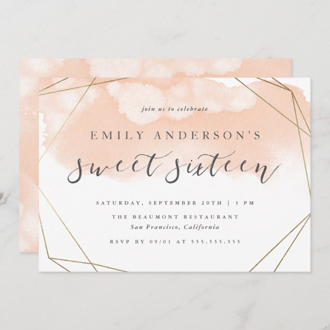 Simple Blush Watercolor Gold Geometric Sweet 16 Invitation (Front/Back)