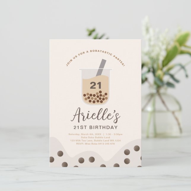 Simple Boba Bubble Milk Tea Personalized Birthday Invitation (Standing Front)