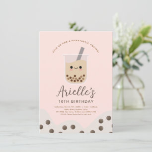 Simple Boba Bubble Milk Tea Pink Birthday Invitation