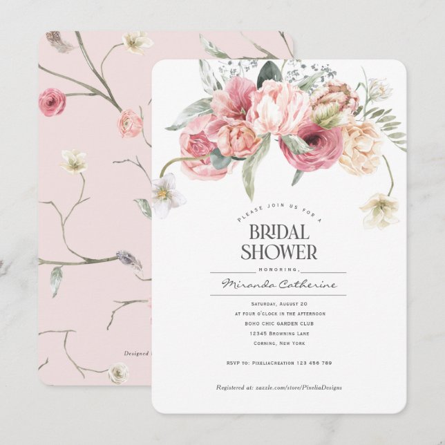 Simple bohemian floral style chic garden bridal  invitation (Front/Back)