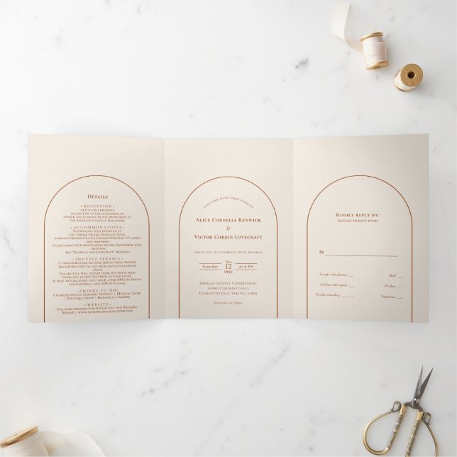 Simple Boho Arch Ivory Wedding Tri-Fold Invitation (Inside)