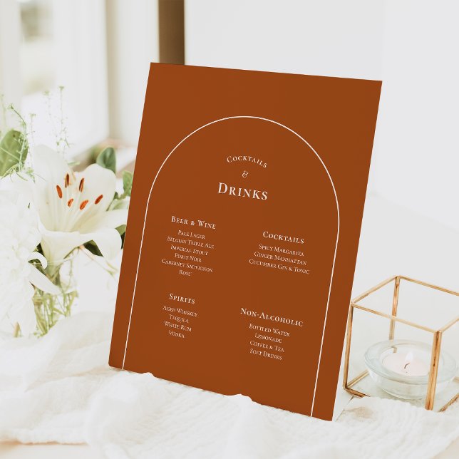 Simple Boho Arch Terracotta Wedding Drinks Menu Pedestal Sign (Creator Uploaded)