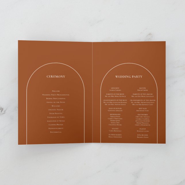 Simple Boho Arch Terracotta Wedding Folded Program (Inside)