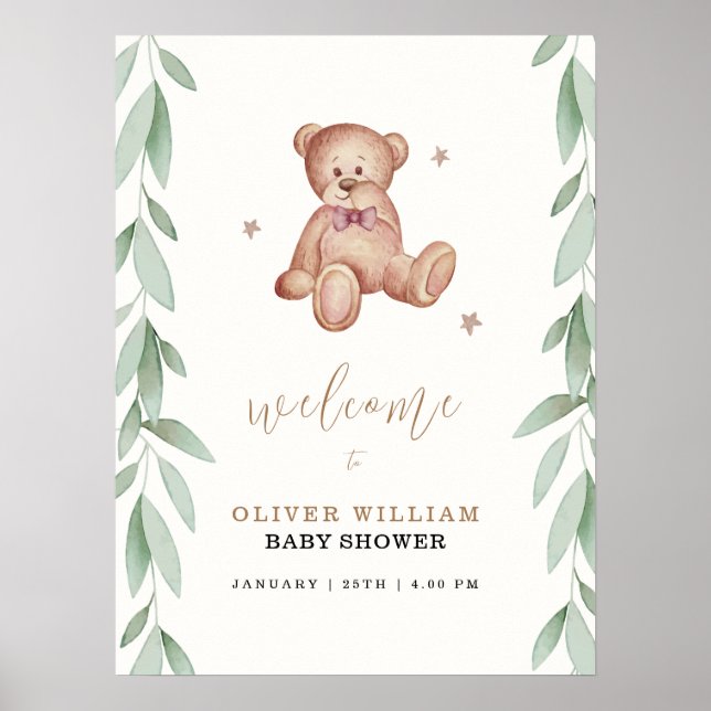Simple Boho Bear Forest Baby Shower Welcome Sign (Front)