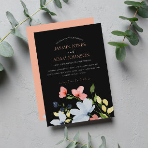Simple Boho Black and Pink Floral Wedding Invitation