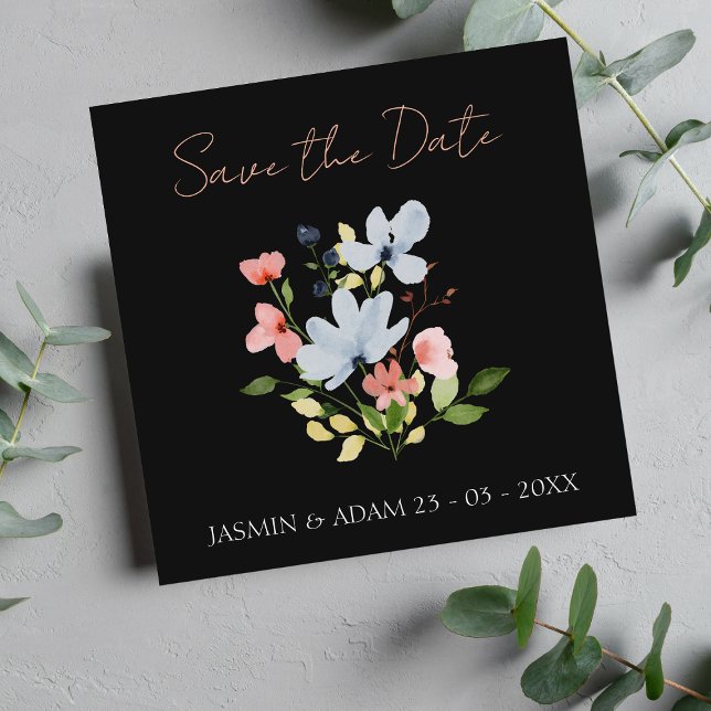 Simple Boho Black and Pink Floral Wedding Save The Date (Creator Uploaded)