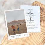 Simple Boho Black & White Elegant Photo Wedding Invitation<br><div class="desc">Minimalist black and white wedding invitations. This simple, modern design features your engagement photo on the front of the page, with the couple's names aligned to the bottom on the left and their marriage date in stylish signature-style handwriting. These cards reverse to the invitation details in a beautiful typography layout....</div>