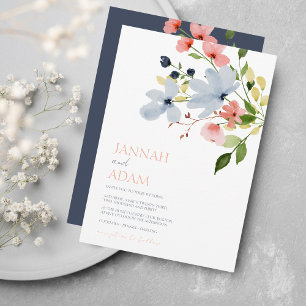 Simple Boho Blue and Pink Floral Wedding Invitation