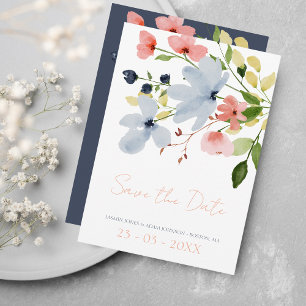Simple Boho Blue and Pink Floral Wedding Save The Date