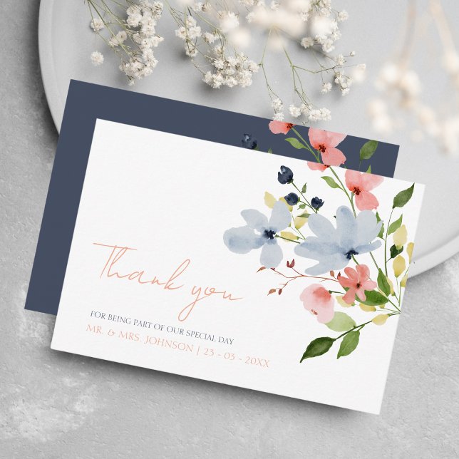 Simple Boho Blue and Pink Floral Wedding Thank You Card (Creator Uploaded)