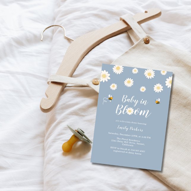 Simple Boho Blue Daisy Baby In Bloom Boy Shower Invitation (Simple Boho Blue Daisy Baby In Bloom Boy Shower Invitation)