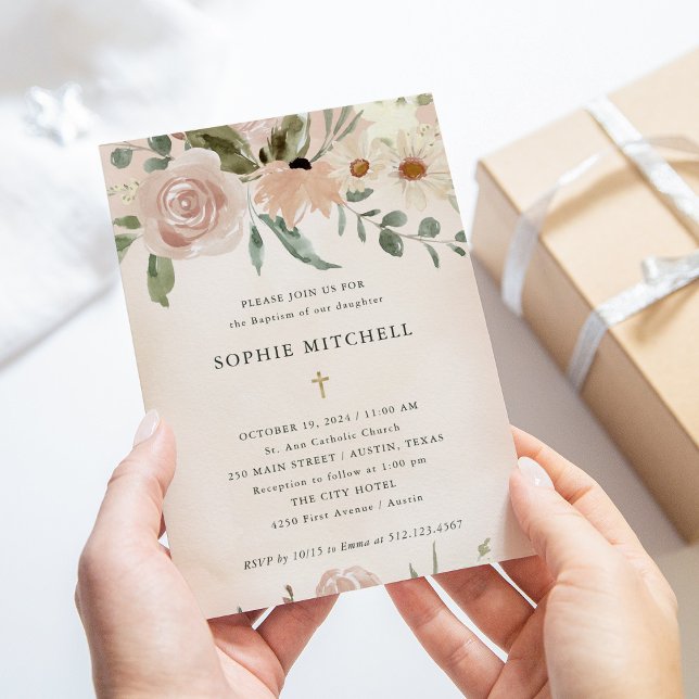 Simple Boho Blush Watercolor Flowers | Baptism Invitation (Creator Uploaded)