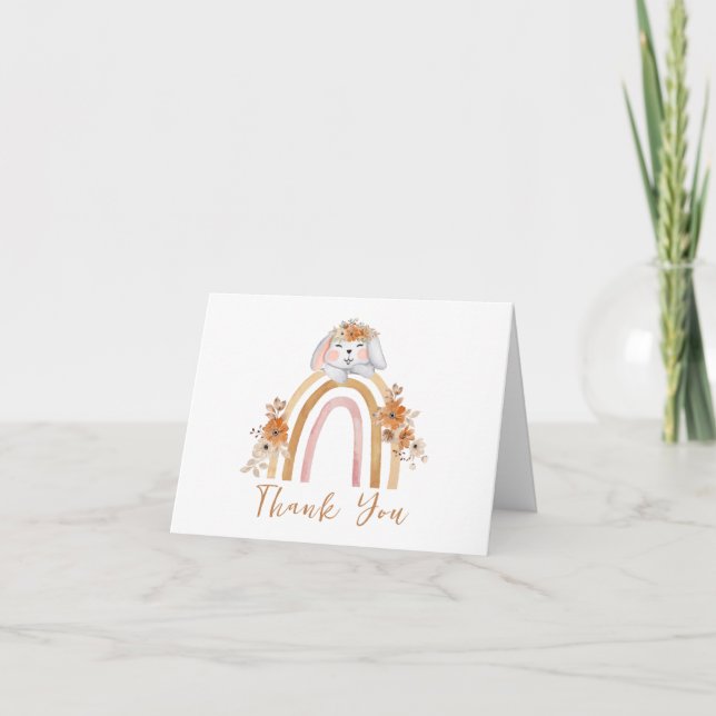 Simple Boho Bunny Rainbow Floral Baby Shower  Thank You Card (Front)