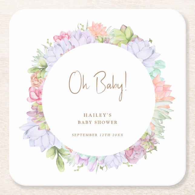 Simple Boho Cactus Desert Oh Baby Shower  Square Paper Coaster (Front)