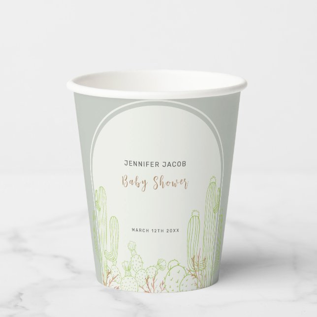 Simple Boho Cactus Line Art Arch Baby Shower Paper Cups (Front)