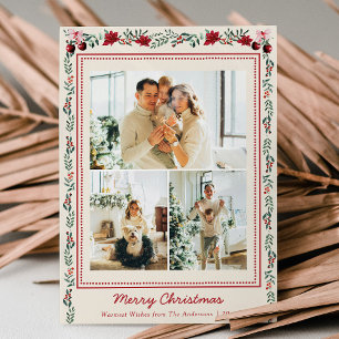 Simple Boho Christmas Greenery Poinsettia 3 Photo Holiday Card