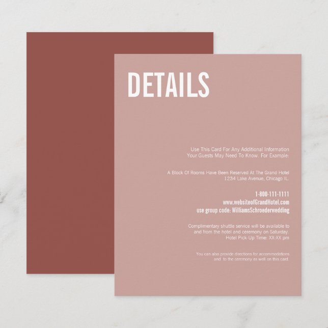 Simple Boho Dusty Rose Typography Wedding Details Enclosure Card (Front/Back)