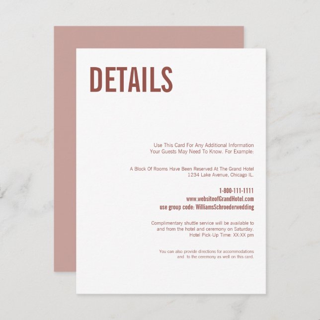 Simple Boho Dusty Rose Typography Wedding Details Enclosure Card (Front/Back)
