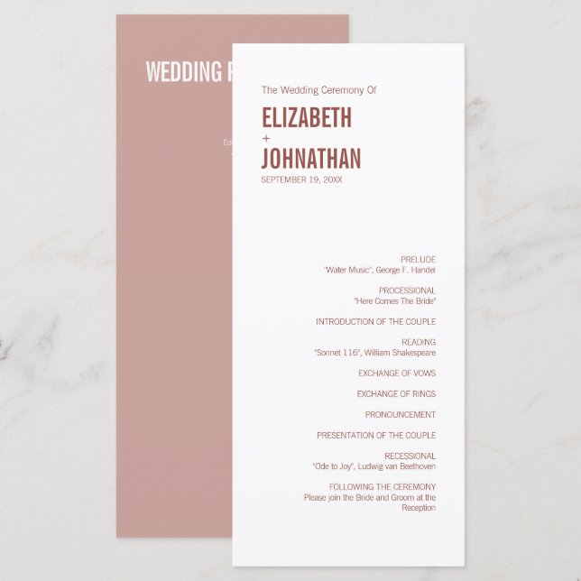 Simple Boho Dusty Rose Typography Wedding Program (Front/Back)