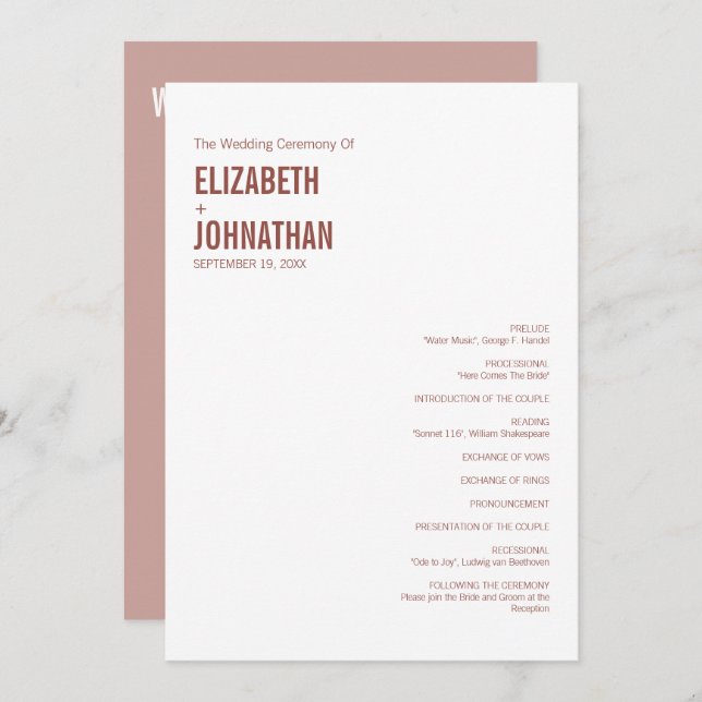 Simple Boho Dusty Rose Wedding Typography Program (Front/Back)