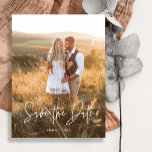 Simple Boho | Elegant Script Photo Save the Date Announcement Postcard<br><div class="desc">This simple and boho wedding save the date postcard features your personal photo on the front,  with elegant modern handwritten script typography. The back of the postcard is black and white and has plenty of room for all of your wedding details.</div>