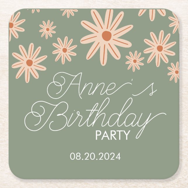 Simple Boho Flowers All Ages Birthday Square Paper Coaster (Front)