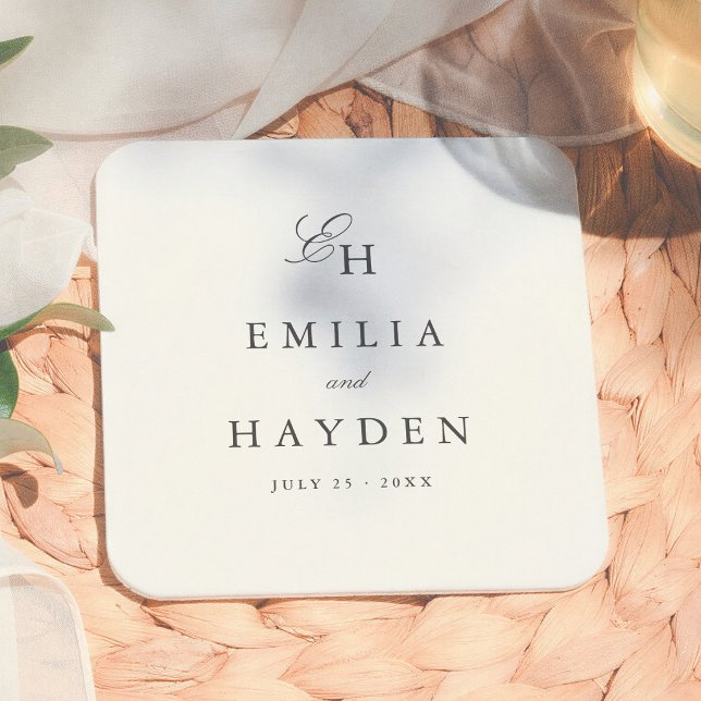 Simple Boho Minimal Monogram Wedding Square Paper Coaster (Creator Uploaded)