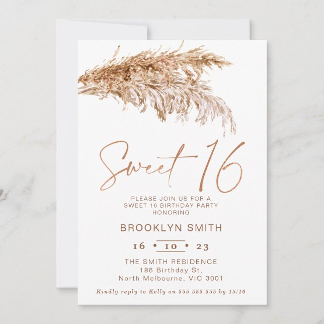 Simple Boho Pampas Grass Sweet 16 Birthday Invitation (Front)