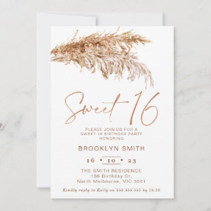 Simple Boho Pampas Grass Sweet 16 Birthday Invitation