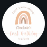 Simple Boho Rainbow Pink Pastel First Birthday Classic Round Sticker<br><div class="desc">These personalized first birthday stickers will be perfect for your little ones 1st birthday.  These stickers feature a boho rainbow theme and will be a great way to seal your birthday party favour bags.  Visit my 1st birthday collection to view all coordinating items.</div>